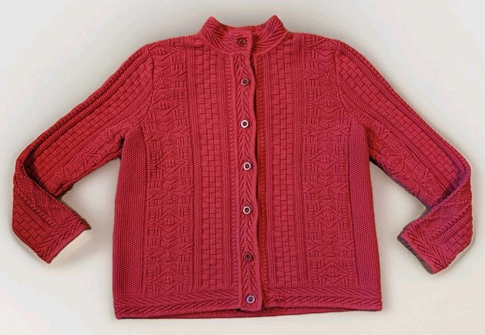 L.L. Bean Cable Knit Cardigan Womens XL Red Chunky Cotton Button Sweater
